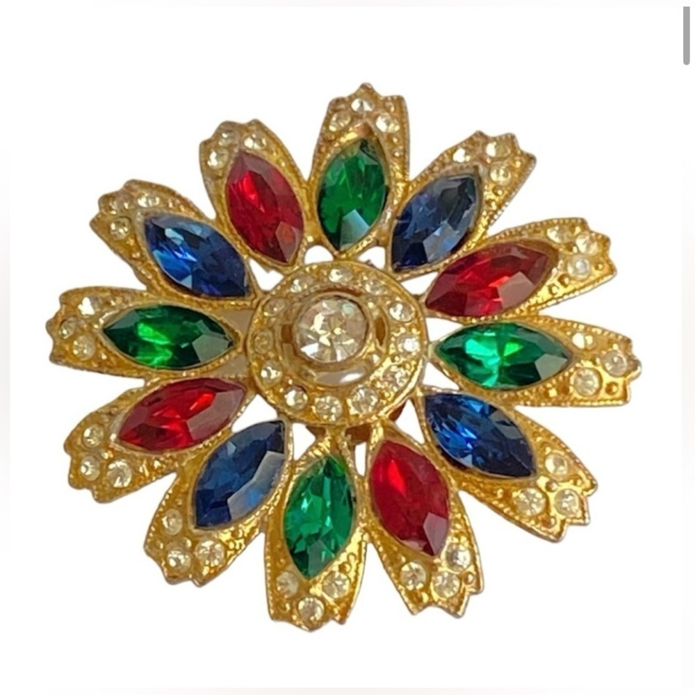 Vintage Coro Multicolor Rhinestone Brooch‎ Sunburst Pin Designer Estate Jewelry